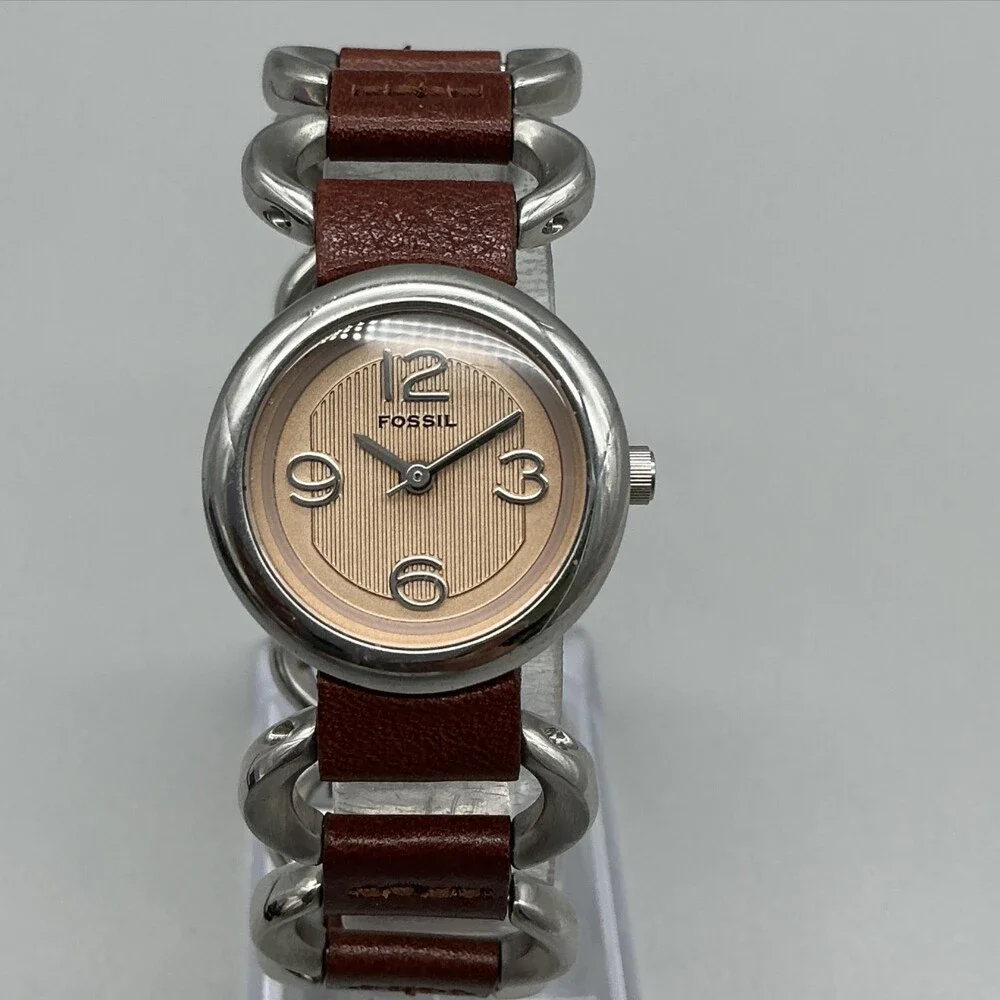 Fossil F2 ES-1767 Womens Watch 25mm Brown Leather Link Band New Battery 7.25
